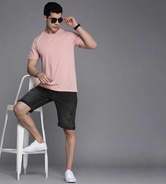 Men Black Slim Fit Distressed Denim Shorts